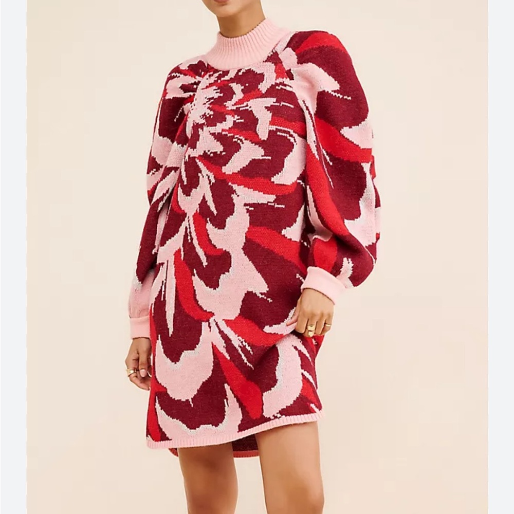 Anthropologie Farm Rio Flower Knit Mini Dress Pink Red Sz L New